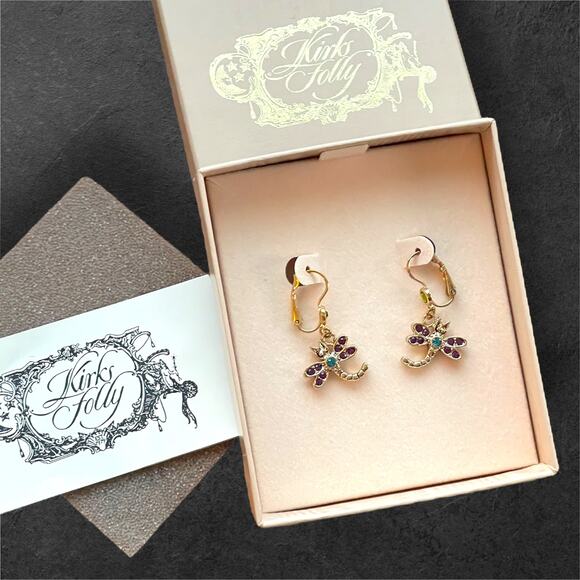 NIB Kirks Folly Dragonfly Drop Earrings Gold Tone Pierced Leveback AB Crystal - Picture 1 of 8